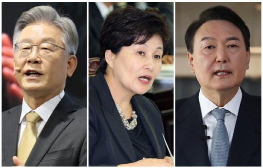 이재명(왼쪽) 더불어민주당 대선 후보, 전여옥(가운데) 전 국회의원, 윤석열 국민의힘 대선 후보. <연합뉴스>
